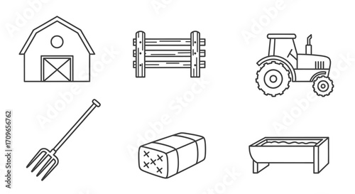 A detailed outline illustration depicting various farm elements, including a barn, fence, tractor, pitchfork, hay bale, and trough.