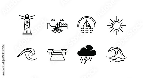 Line art icons depicting various nautical and weather elements, including lighthouses, ships, waves, and clouds.