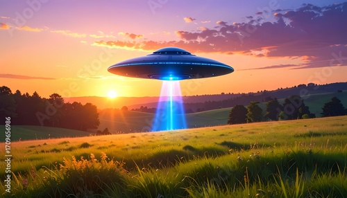 Futuristic UFO Hovering Above Grass Field at Sunset