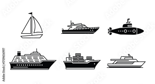 A set of six black and white icons depicting various types of sea transport vessels, including a sailboat, yacht, and submarine.
