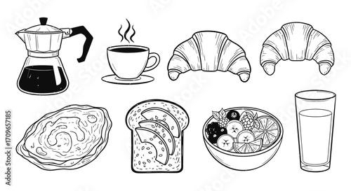Black and white illustration of various breakfast items, including coffee, pastries, and fruit.