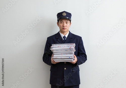 A mail carrier holding a bundle of newspapers. He stands in a formal uniform in front of a wall.