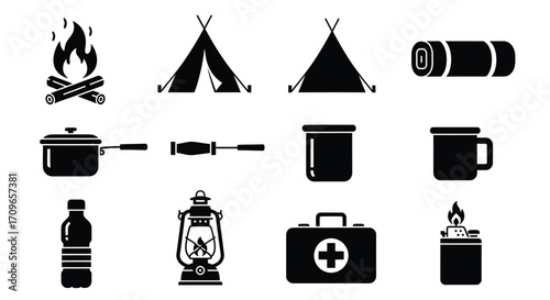 A collection of black and white icons representing camping and outdoor adventure essentials.