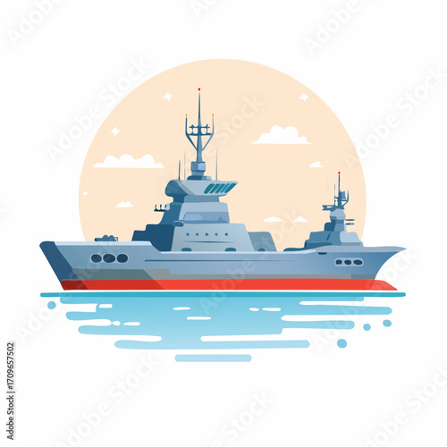 Stylized Illustration of a Modern Warship Sailing on the Ocean with Subtle Clouds