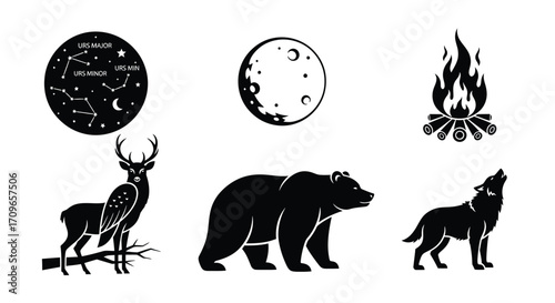 Silhouette illustrations of celestial bodies, wildlife, and a campfire, creating a nature-themed composition.