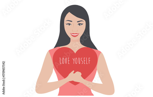 Woman hugging big heart,  self confidence, mental health and self love, freedom, think positive vector illustration. Love yourself concept.