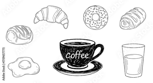 A hand-drawn sketch illustration of a classic breakfast set including coffee, pastries, a fried egg, and a glass of milk.