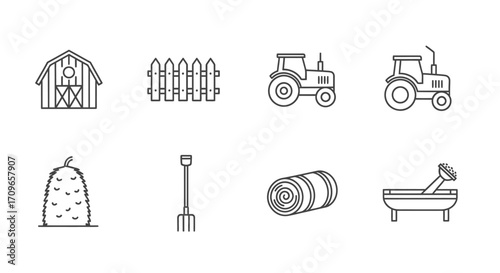 Line art icons depicting various farming and agriculture elements such as barns, fences, tractors, hay, and tools, representing rural life and agricultural work.