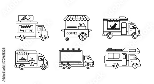 Line art icons of various food trucks and vans.