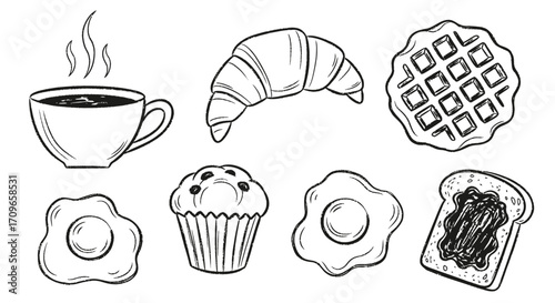 Black and white illustration of various breakfast items, including coffee, croissant, waffle, eggs, muffin, and toast.