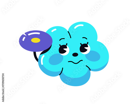Cute blue emoji with confused, doubting facial expression. Abstract character with cloud shape is sad, thinking. Emoticon with pensive emotion on face. Flat isolated vector illustration on white