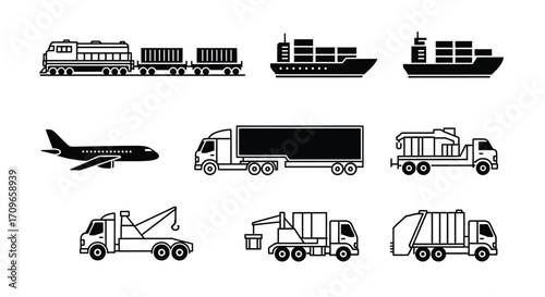 A collection of various transportation vehicles including trains, ships, airplanes, and trucks.