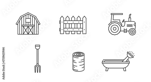 Farm Icons Set: Barn, Fence, Tractor, Fork, Logs, and Watering trough.