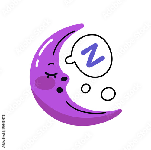 Funny moon sleeps. Asleep crescent with Zzz in speech bubble. Happy character naps, dreams, relaxes, has a rest at night. Cute bedtime icon. Flat isolated vector illustration on white background