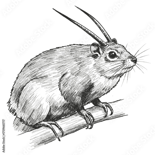 Unique hand-drawn sketch illustration of a horned rodent or mouse perched on a branch.
