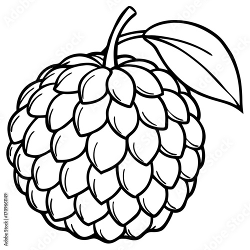 Black and white silhouette of a custard apple fruit with stem and leaf isolated on white background