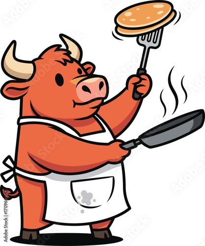 Cartoon bull chef flipping a pancake in a frying pan wearing an apron