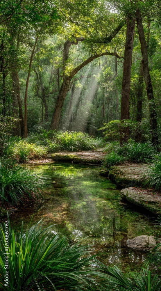 Obraz premium Sunlight streams through lush forest, reflecting on a tranquil stream