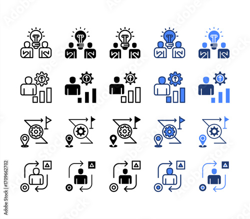 Brainstorming, Development, Challenge, Adaptability, multiple style icon set.