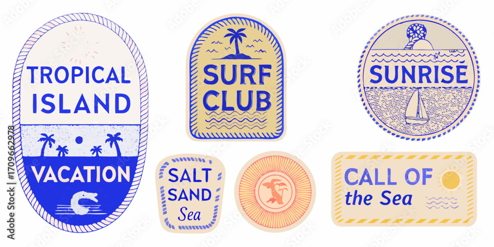 Obraz premium Collection of vintage style travel and surf club badges with tropical island and ocean themes