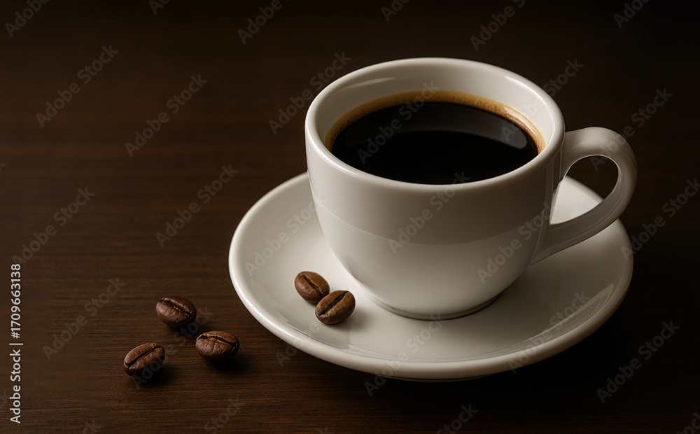 Fototapeta premium white ceramic coffee cup filled with black coffee placed neatly on a saucer on smooth dark wooden surface.