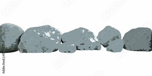 A row of smooth gray rocks lined up against a white background