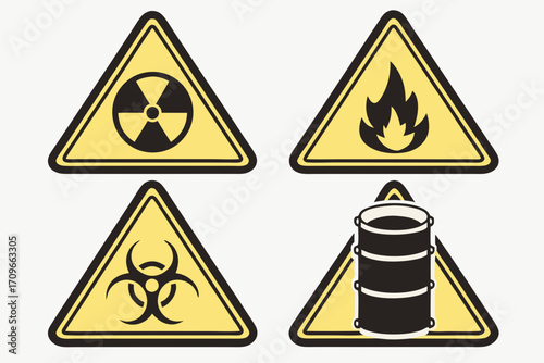 Hazard warning signs and hazardous material icons set