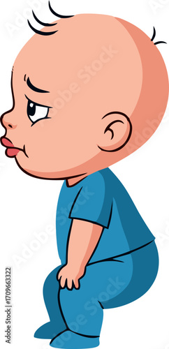 Cartoon Baby with Pouty Lips and Blue Outfit in a Squatting Position