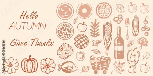 Hello autumn give thanks with harvest food and seasonal decorations