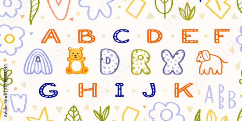 Cute hand drawn alphabet letters and animals with floral background for childrens education and design