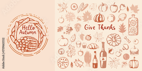 Hello autumn and give thanks text with harvest elements and thanksgiving symbols in a sketch style