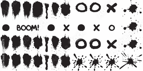 Collection of black hand drawn ink splatters brush strokes and tic tac toe game symbols