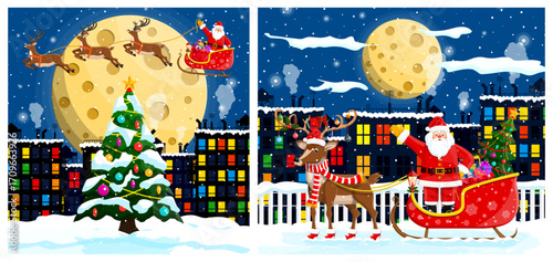 Santa Claus on a sleigh with reindeer in the night sky and a Christmas tree with town background, for Merry Christmas greeting card concept.