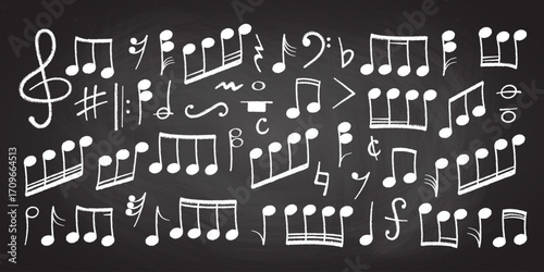 Crayon pastel or chalk music note signs doodle hand drawn symbol shapes set. Chalkboard textured musical symbols treble, bass clefs, pauses doodle collection.