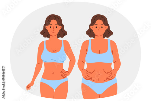 Thinner woman compares result before and after using new diet or joining fitness club with personal trainer. Thinner girl in swimsuit shows off excellent effect of liposuction done by surgeon