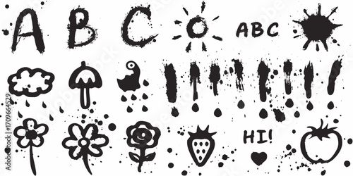 Hand drawn black ink doodles of letters numbers and whimsical illustrations on white background