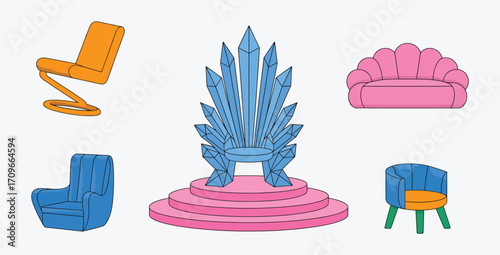 Collection of Stylish Mid-Century Modern and Crystal Throne Chairs:  Vibrant Color Palette, Flat Design, Playful Mood.
