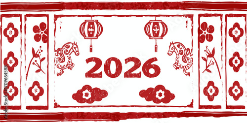 Red chinese new year 2026 year of the horse celebration with lanterns and floral motifs
