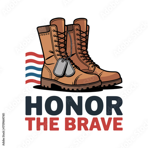 Military boots badge, courage tribute theme, textured leather shoes, patriotic color palette, remembrance design, classic vector label art