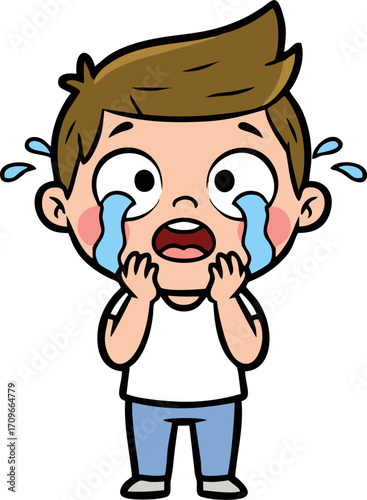 Cartoon Boy Crying Profusely with Tears Streaming Down His Face