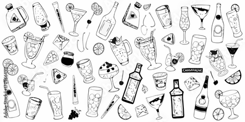 Hand drawn collection of alcoholic and non alcoholic drinks with ice citrus and garnishes
