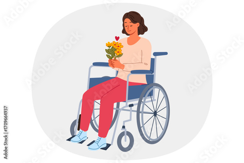 Woman sits in wheelchair holding bouquet of flowers in hands and rejoicing at receiving gift. Happy life to disabled girl using wheelchair, thanks to strength of spirit and support of friends
