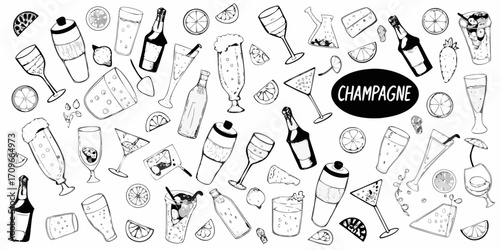 Hand drawn black and white illustration of various champagne bottles cocktails glasses and citrus slices scattered across a white background