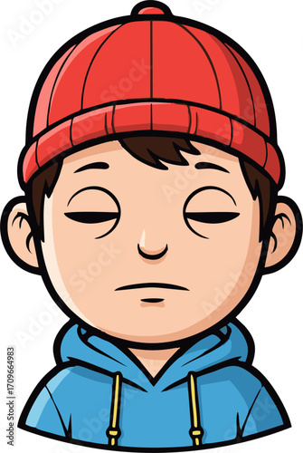 Cartoon Boy in Red Beanie and Blue Hoodie, Serene Expression