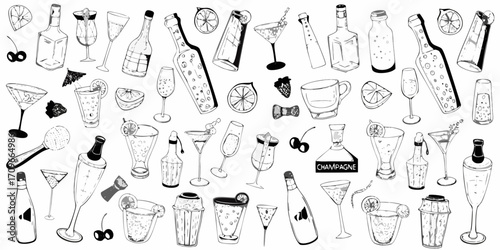 Collection of hand drawn black and white illustrations of alcoholic beverages and bar accessories