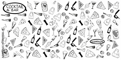 Hand drawn black and white illustration of cocktails pizza slices bottles and bar accessories on a white background