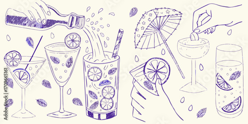 Hand drawn sketch of refreshing summer cocktails with citrus fruits and mint leaves