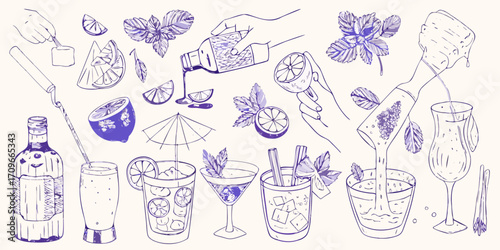 Hand drawn illustration of cocktail making process with fresh ingredients and bar tools