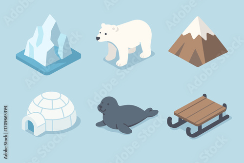 Arctic wildlife flat icon set. featuring iceberg, polar bear, mountain, igloo, seal, sled symbols