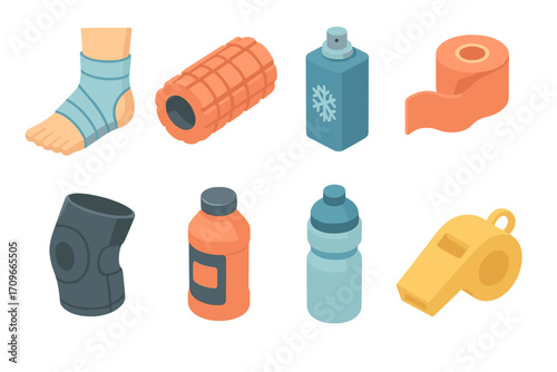 Sports equipment flat icon set. featuring ankle support, foam roller, freeze spray, tape, knee pad, bottle, and whistle
